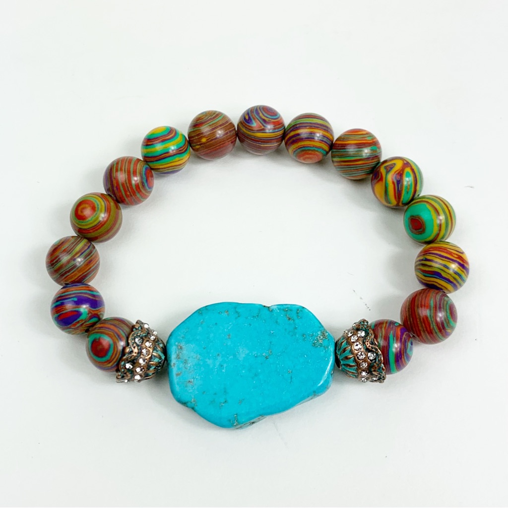 Turquoise Howlite And Faux Fordite Bead Stretch Bracelet